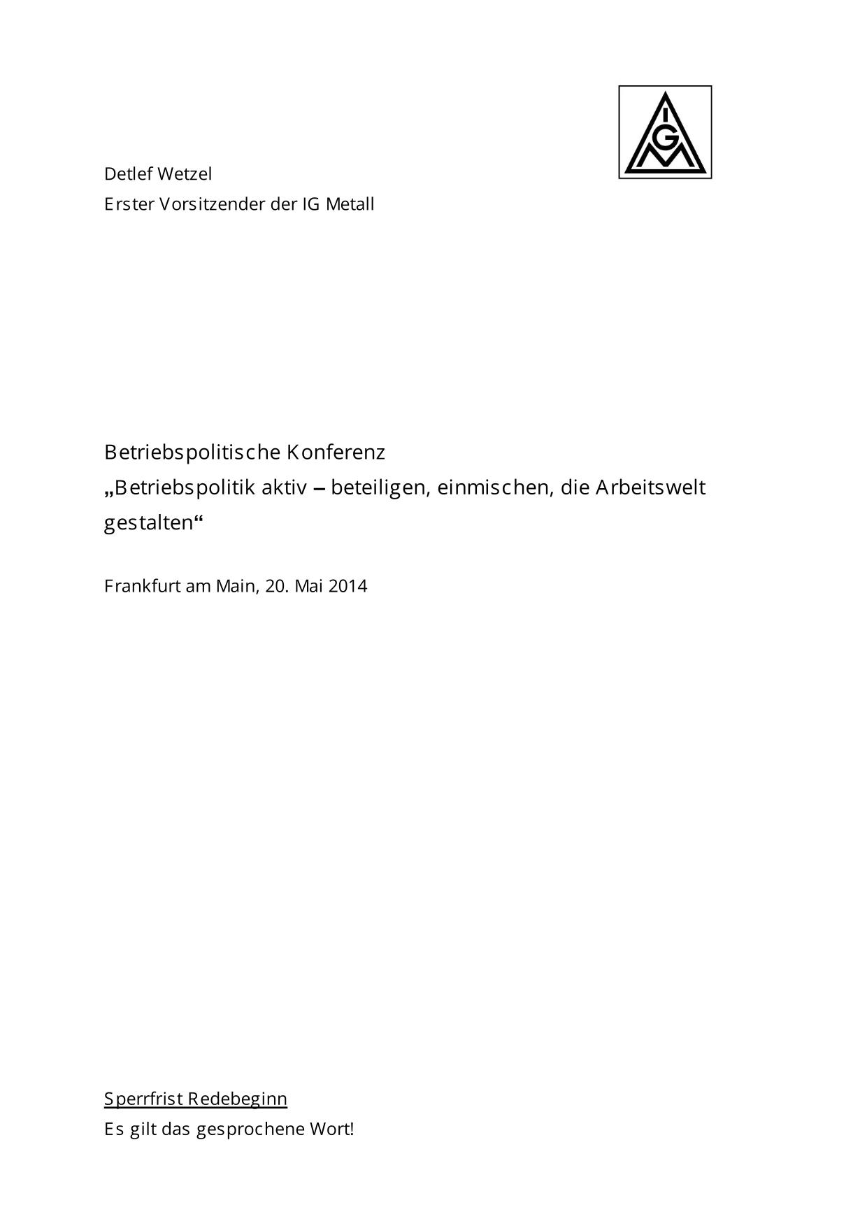 Detlef Wetzel: Betriebspolitische Konferenz am 20. Mai 2014 in Frankfurt