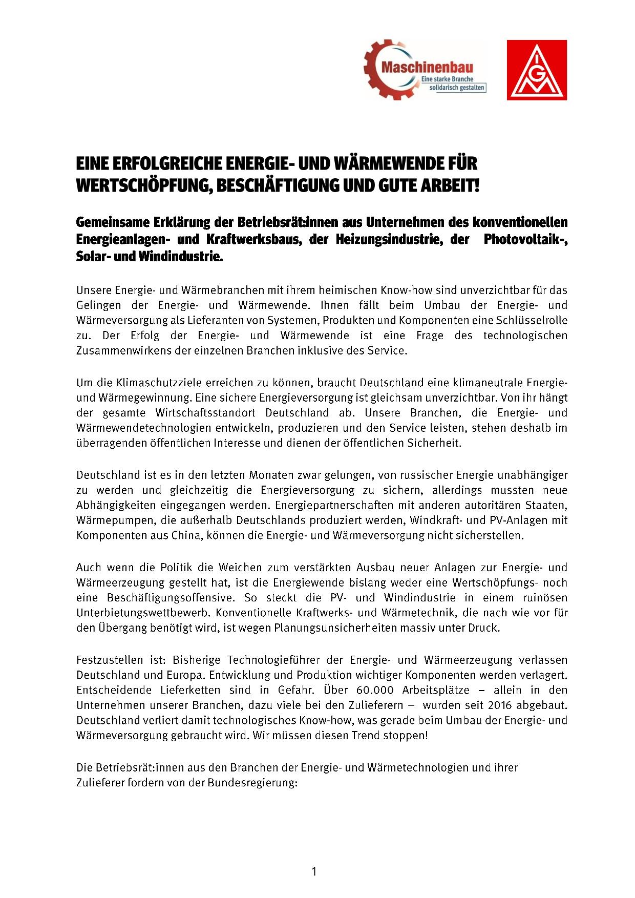 Gemeinsame Erklärung Energie- und Wärmewende