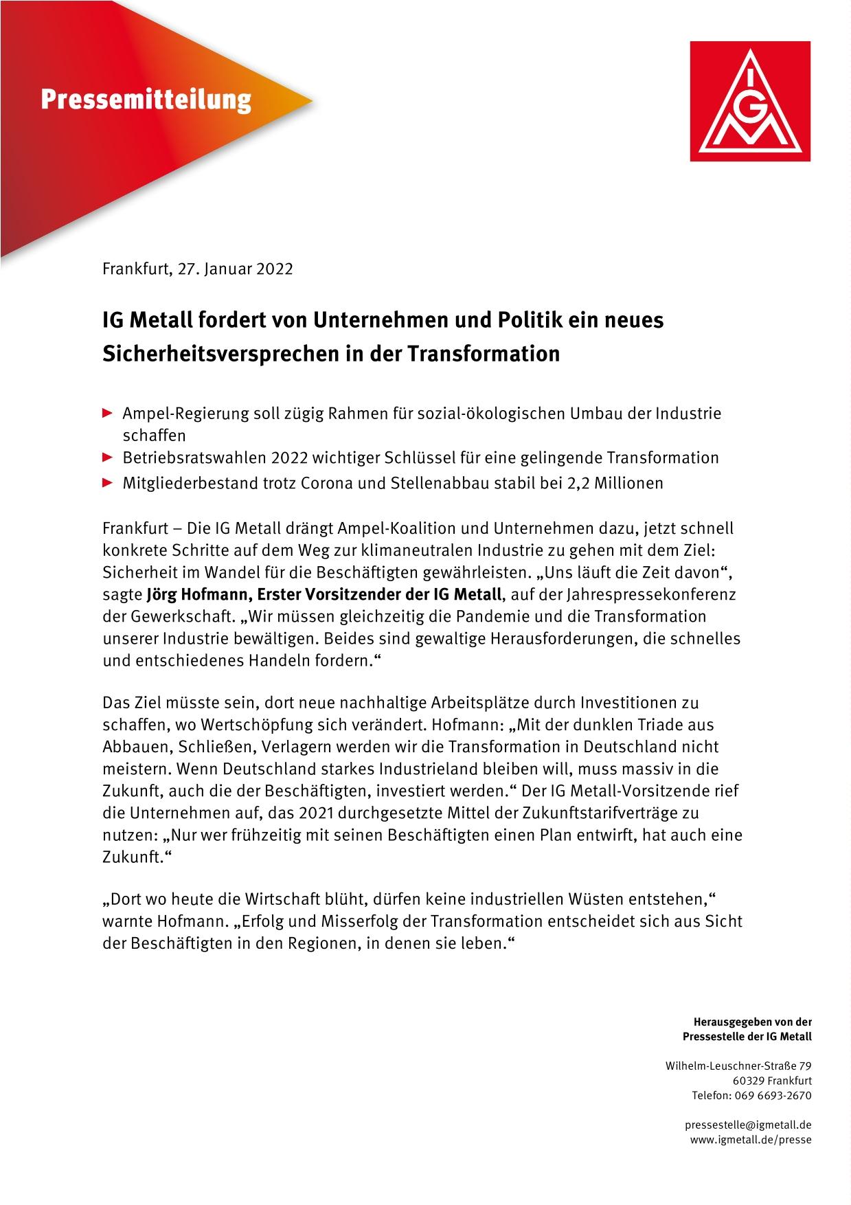 IG Metall fordert von Unternehmen und Politik ein neues Sicherheitsversprechen in der Transformation, Pressemitteilung vom 27. Januar 2022