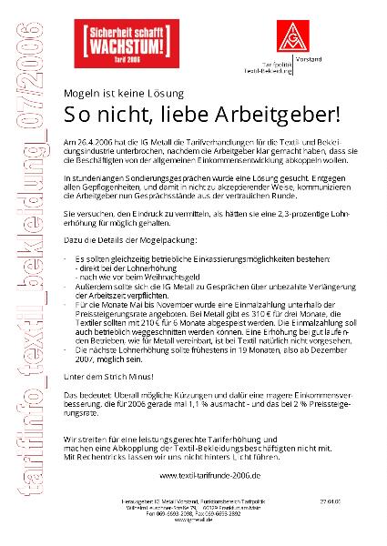 tarifinfo_textil_bekleidung_07/2006 - Mogeln ist keine Lösung - So nicht, liebe Arbeitgeber!