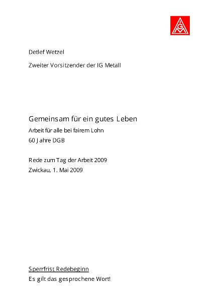 Detlef Wetzel Rede 1. Mai 2009 in Zwickau