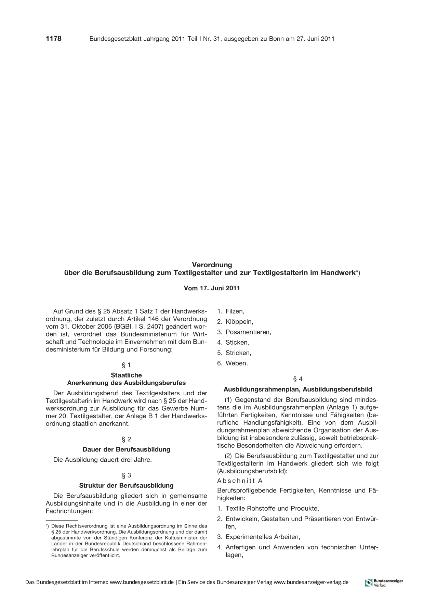 Verordnung über die Berufsausbildung zum Textilgestalter und zur Textilgestalterin im Handwerk vom 17. Juni 2011
