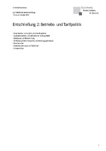 23. Ordentlicher Gewerkschaftstag, 18. bis 24. Oktober 2015, Entschließung 2: Tarif- und Betriebspolitik