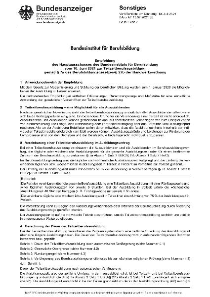 BIBB Hauptausschuss Empfehlung 174 - Teilzeitberufsausbildung