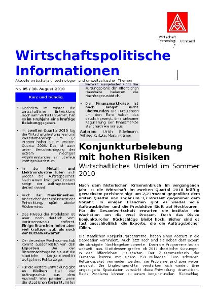 Wirtschaftspolitische Informationen 05 / 2010: Konjunkturbelebung mit hohen Risiken