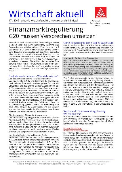 Wirtschaft aktuell 17/2009: Finanzmarktregulierung - G20 müssen Versprechen umsetzen