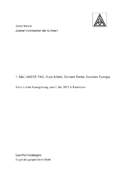 Detlef Wetzel: Unser Tag: Gute Arbeit. Sichere Rente. Soziales Europa, Rede auf der Kundgebung zum 1. Mai 2013 in Paderborn