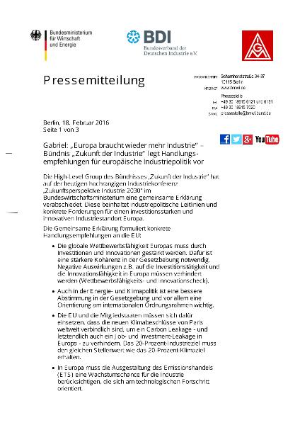 Gemeinsame Pressemitteilung und Erklärung des Bundesministeriums für Wirtschaft und Energie, des Bundesverbands der Deutschen Industrie und der IG Metall