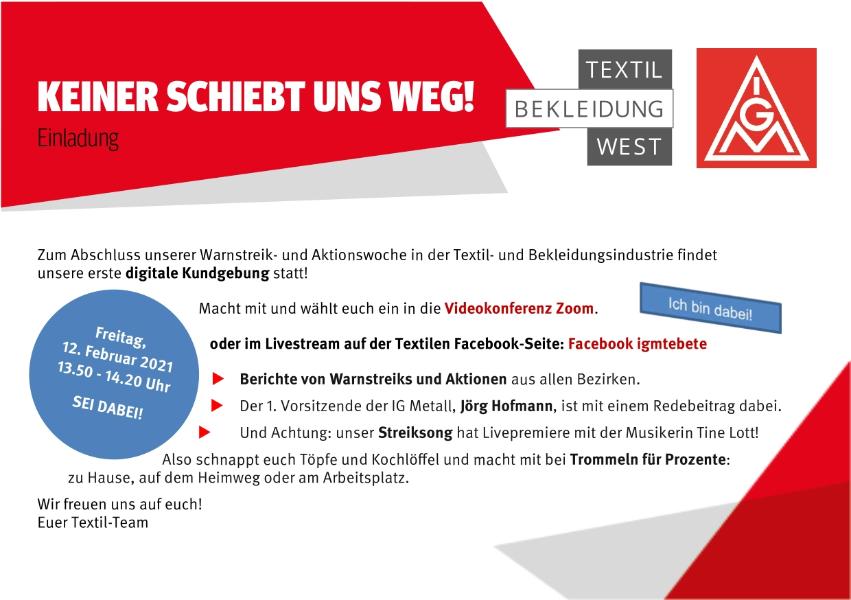 Einladung und Programm zur digitalen Kundgebung Textil-Bekleidung West am 12.02.2021 um 13:50 Uhr
