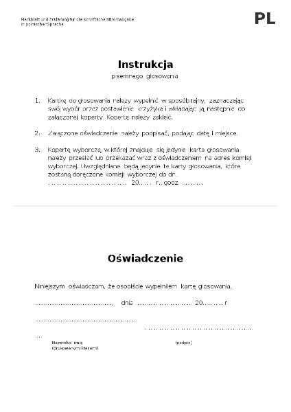 Instrukcja pisemnego g?osowania, Merkblatt und persönliche Erklärung zur Briefwahl, polnisch