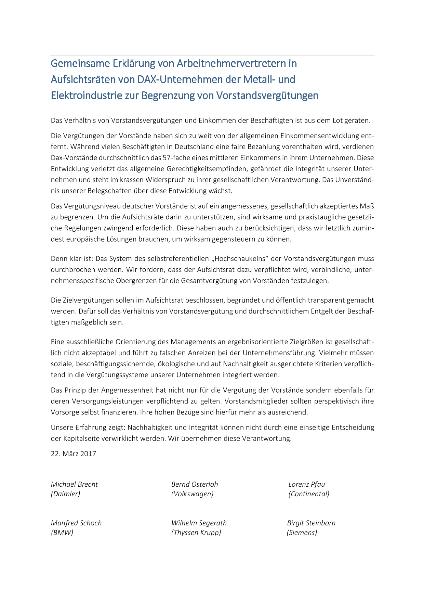Gemeinsame Erklärung von Arbeitnehmervertretern in Aufsichtsräten von DAX-Unternehmen der Metall- und Elektroindustrie zur Begrenzung von Vorstandsvergütungen