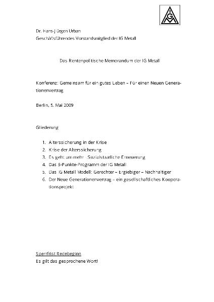Hans-Jürgen Urban: Das Rentenpolitische Memorandum der IG Metall, Berlin, 5.05.2009