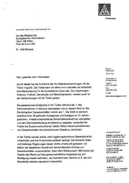 Brief von Berthold Huber und Wolfgang Rhode wegen der Vorfälle in Istanbul