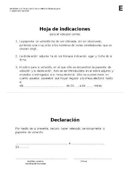 Hoja de indicaciones para el voto por correo, Merkblatt und persönliche Erklärung zur Briefwahl, spanisch