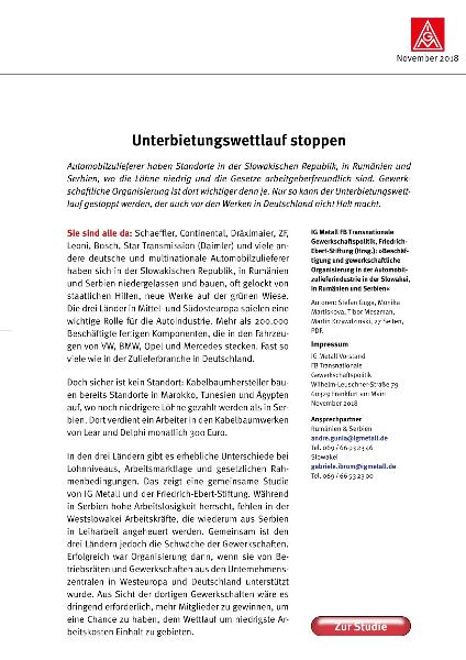 Stefan Guga, Monika Martiskova, Tibor Meszman, Martin Krzywdzinski: Beschäftigung und gewerkschaftliche Organisierung in der Automobilindustrie in der Slowakei, in Rumänien und Serbien | Unterbietungswettlauf stoppen