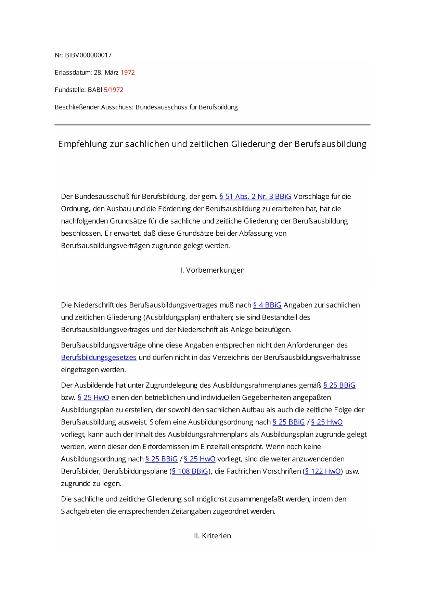 BIBB Hauptausschuss Empfehlung 12 - Sachliche und zeitliche Gliederung