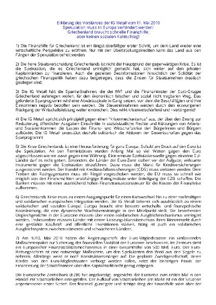Spekulation muss in Europa verhindert werden! Griechenland braucht schnelle Finanzhilfe, aber keinen sozialen Kahlschlag! Erklärung des Vorstand der IG Metall vom 11. Mai 2010