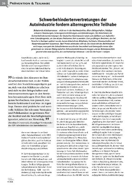Schwerbehindertenvertretungen der Autoindustrie fordern alternsgerechte Teilhabe, Gute Arbeit 6/2011