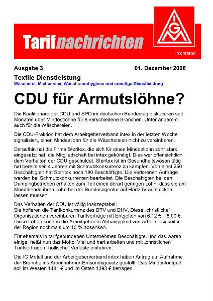 Tarifnachrichten Textile Dienste Nr. 3: CDU für Armutslöhne?
