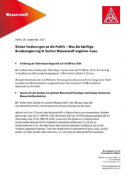 Sieben Forderungen an die Politik – Was die künftige Bundesregierung in Sachen Wasserstoff angehen muss
