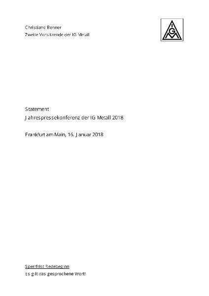 Christiane Benner: Statement Jahrespressekonferenz, 16.1.2018, Frankfurt