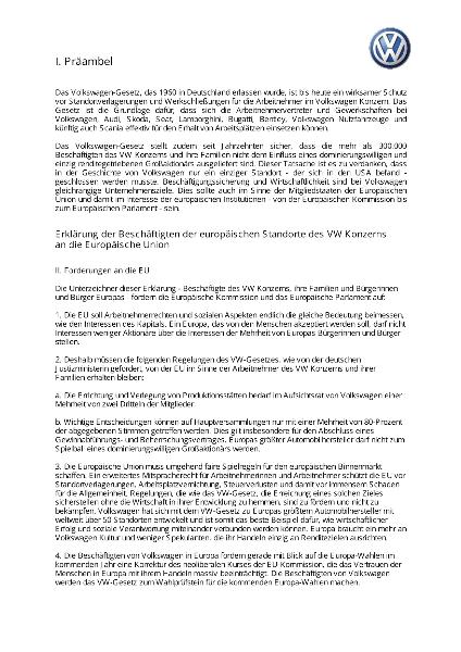 VW-Gesetz: Erklärung der Beschäftigten der europäischen Standorte des VW-Konzerns an die Europäische Union und Unterschriftenliste