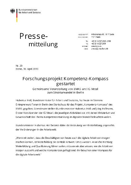 Pressemitteilung des BMAS und der IG Metall zum Kompetenz-Kompass