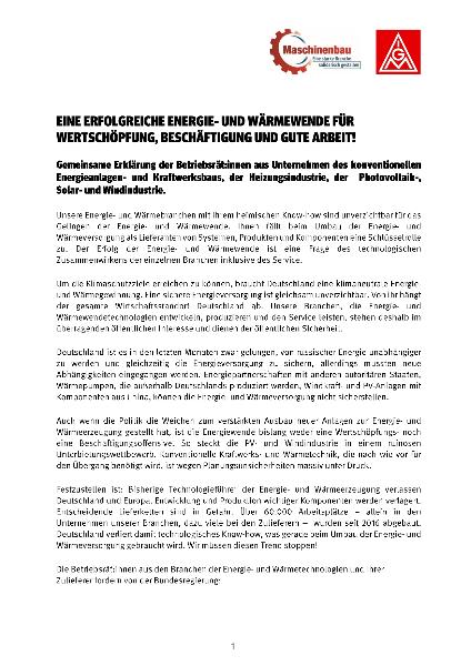 Gemeinsame Erklärung Energie- und Wärmewende