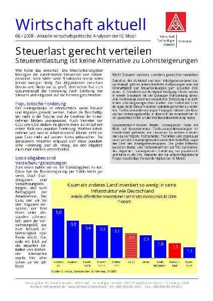 Wirtschaft aktuell 06/2008: Steuerlast gerecht verteilen - Steuerentlastung ist keine Alternative zu Lohnsteigerungen