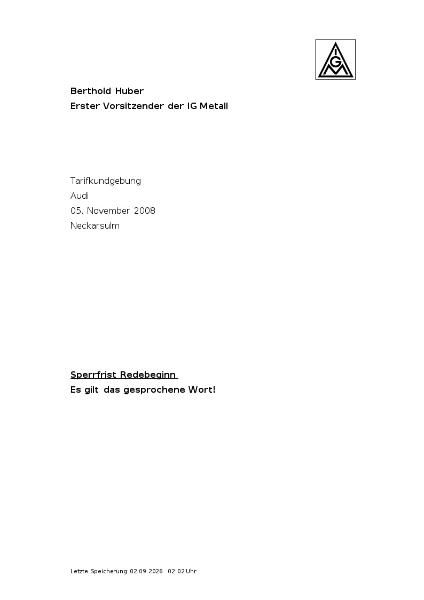 Berthold Huber: Rede auf der Tarifkundgebung bei Audi, Neckarsulm am 5 November 2008