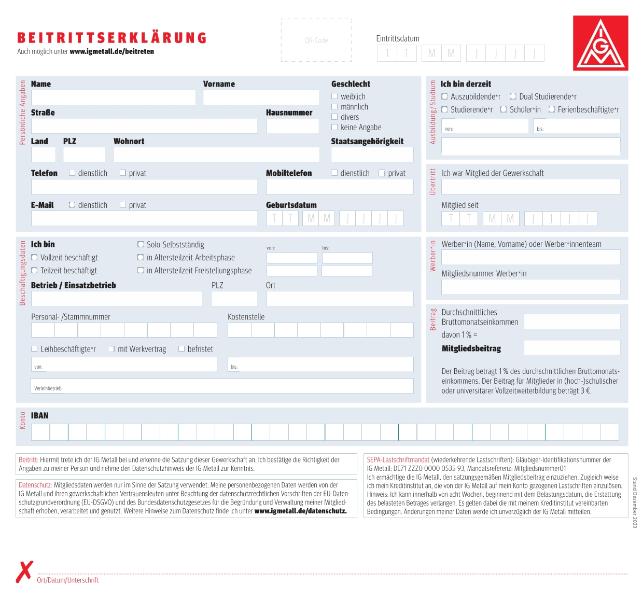 Editierbare IG Metall-Beitrittserklärung in deutscher Sprache