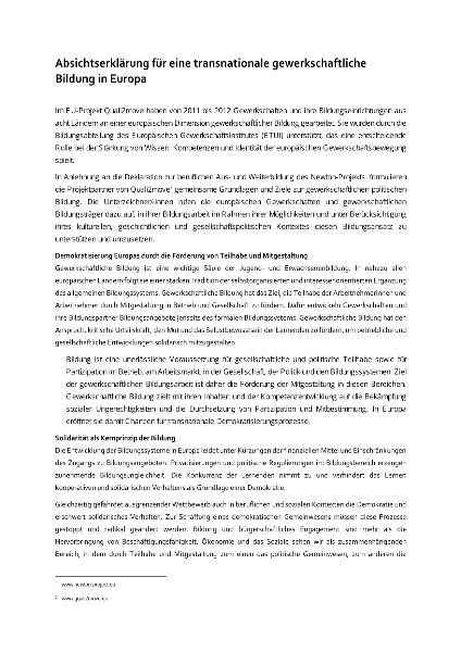 Absichtserklärung für eine transnationale gewerkschaftliche Bildung in Europa