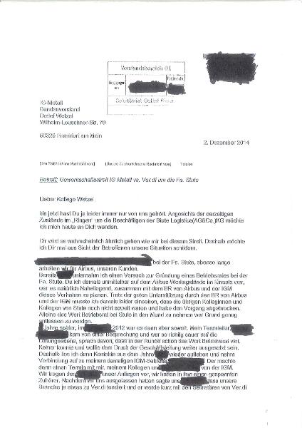 Brief Stute-Beschäftigter zu Tarifeinheit
