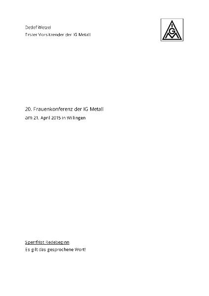 Detlef Wetzel: Rede auf der 20. Frauenkonferenz der IG Metall, Willingen, 21. April 2015