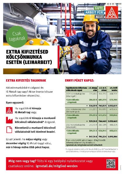 Der Vorteil für IG Metall-Mitglieder in Leiharbeit. Flugblatt in ungarischer Sprache