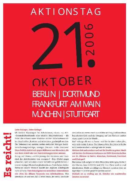 Flugblatt der Koordinierungsstelle gewerkschaftlicher Arbeitslosengruppen (KOS) zum 21. Oktober 2006