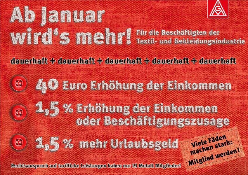 Ab Januar wird's mehr! Für die Beschäftigten der Textil- und Bekleidungsindustrie (West)