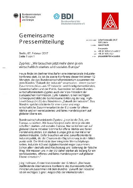 Gemeinsame Pressemitteilung BMWi, BDI, IG Metall: Zypries: 