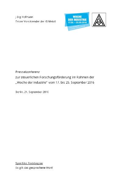 Jörg_hofmann: Pressekonferenz zur steuerlichen Forschungsförderung, Woche der Industrie, PK, Berlin, 21.9.2016