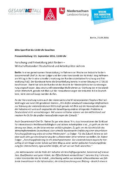 PM Gesamtmetall, IG Metall, niedersächsische Landesregierung: Forschung und Entwicklung jetzt fördern: Wirtschaftsstandort Deutschland und Arbeitsplätze sichern