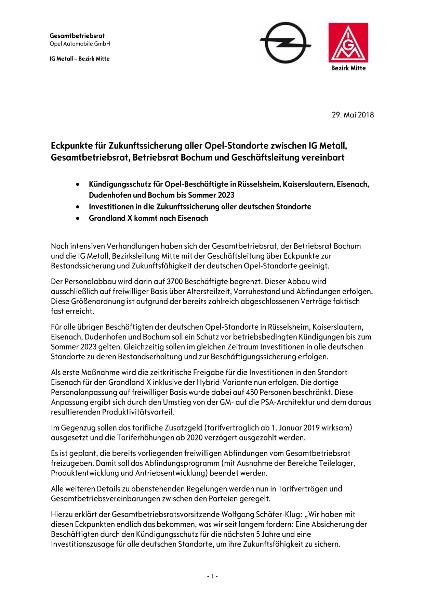 Eckpunkte für Zukunftssicherung aller Opel-Standorte zwischen IG Metall, Gesamtbetriebsrat, Betriebsrat Bochum und Geschäftsleitung vereinbart