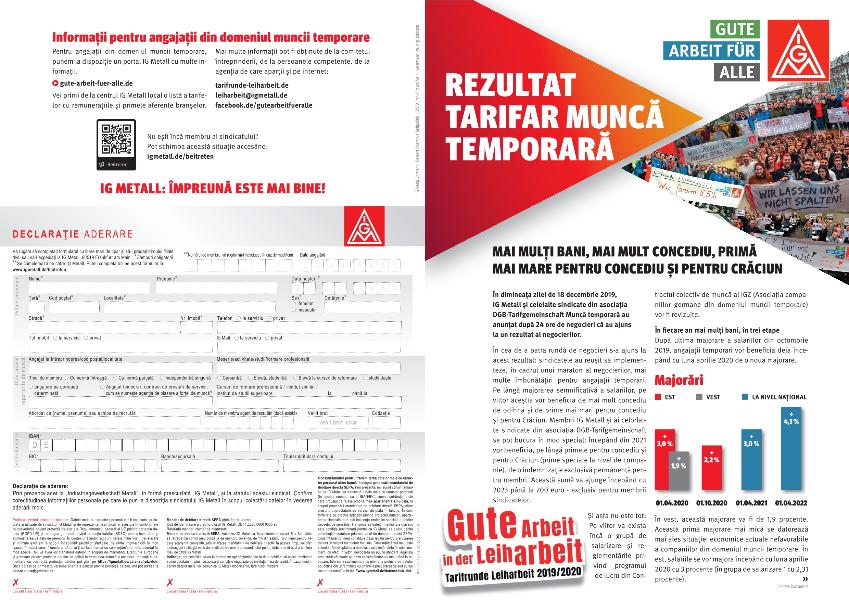 Flugblatt zum Tarifergebnis Leiharbeit 2019/2020 in rumänischer Sprache (zum Ausdruck vor Ort)