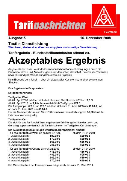 Tarifnachrichten Textile Dienste Nr. 5: Akzeptables Ergebnis