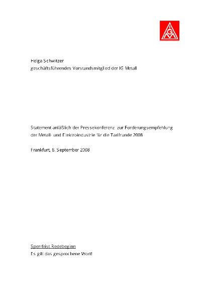 Pressestatement Helga Schwitzer zur Forderungsempfehlung am 08.09.2008