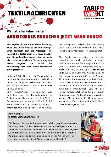 Warnstreiks gehen weiter: Arbeitgeber brauchen jetzt mehr Druck! Textilnachrichten Nr. 4/2025