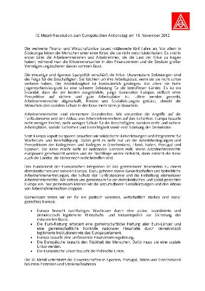 IG Metall-Resolution zum Europäischen Aktionstag am 14. November 2012