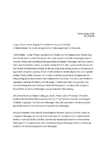 Pressemitteilung zu VW, englisch, 30.11.2006: IG Metall setzt sich für gesicherte Perspektive für Brüsseler VW-Werk ein