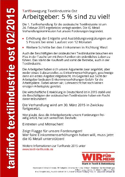 TarifBewegung Textilindustrie Ost: Arbeitgeber: 5 Prozent sind zu viel!, Tarifinfo Textilindustrie Ost 02/2015