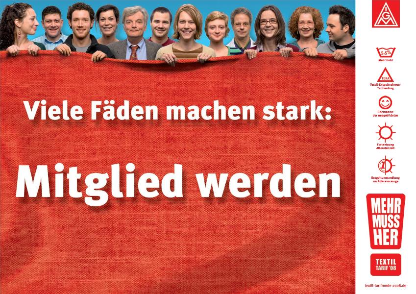 Plakat zur Tarifrunde Textil+Bekleidung 2008: ''Viele Fäden machen stark''