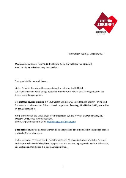 Medieninformation zur Akkreditierung des 25. Gewerkschaftstages der IG Metall